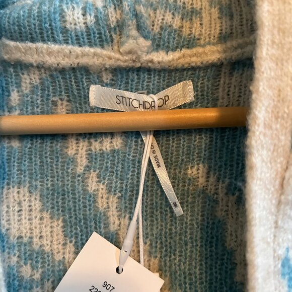 NWT Stitchdrop Cardigan Hoodie Long Open Front Sweater Cream/Blue Pattern SZM - Picture 8 of 10